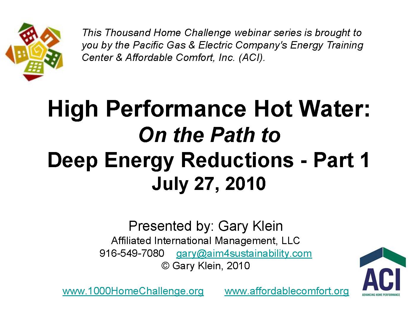 Webinar title slide for High Performance Hot Water Webinar